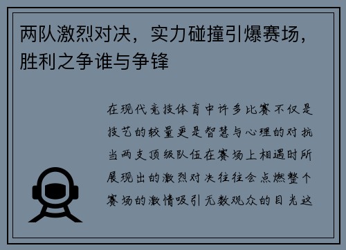 两队激烈对决，实力碰撞引爆赛场，胜利之争谁与争锋