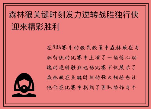 森林狼关键时刻发力逆转战胜独行侠 迎来精彩胜利