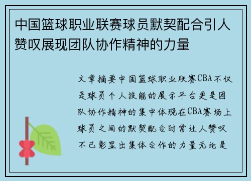 中国篮球职业联赛球员默契配合引人赞叹展现团队协作精神的力量