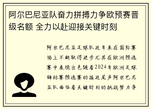 阿尔巴尼亚队奋力拼搏力争欧预赛晋级名额 全力以赴迎接关键时刻